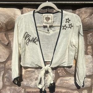 Z&L Long Sleeve Top Tie Front Mystic Embroidered Cotton Size Small Festival